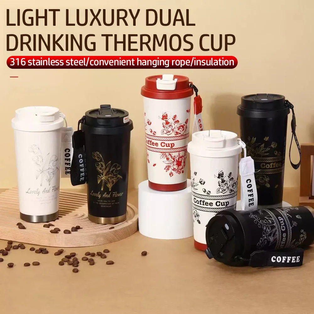 Cute Double Sipping Insulated Coffee Mug 316 Steel Thermal Cup with Straw Portable Travel Tumbler for Girls Car Office Outdoor