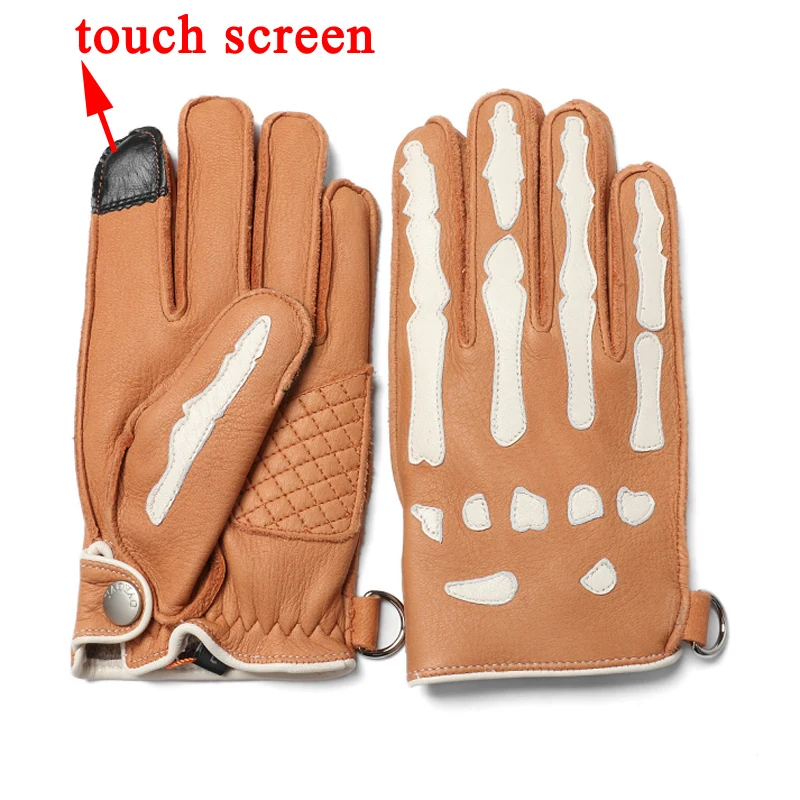 Warm Leather Gloves For Men Winter Male Skeleton Decoration Plus Fleece Lined Guantes de Cuero Riding Arm Warmer Christmas Gift