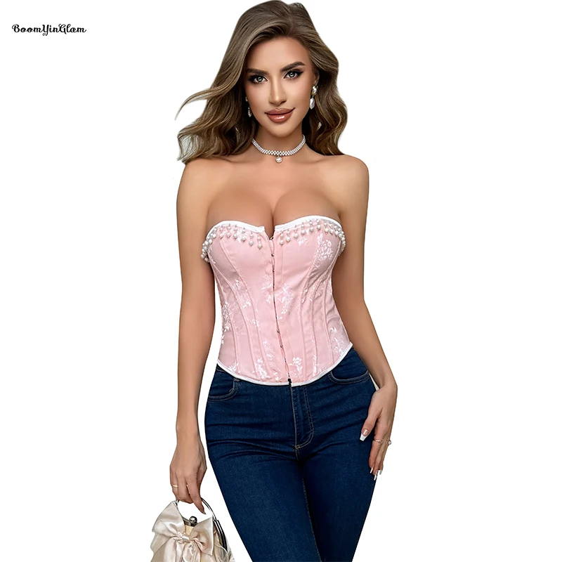 

Pink Floral Jacquard Lace Up Boned Vicotorianos Korsette Women's Beading Tassel Corset Top With Adjustable Hook And Eye