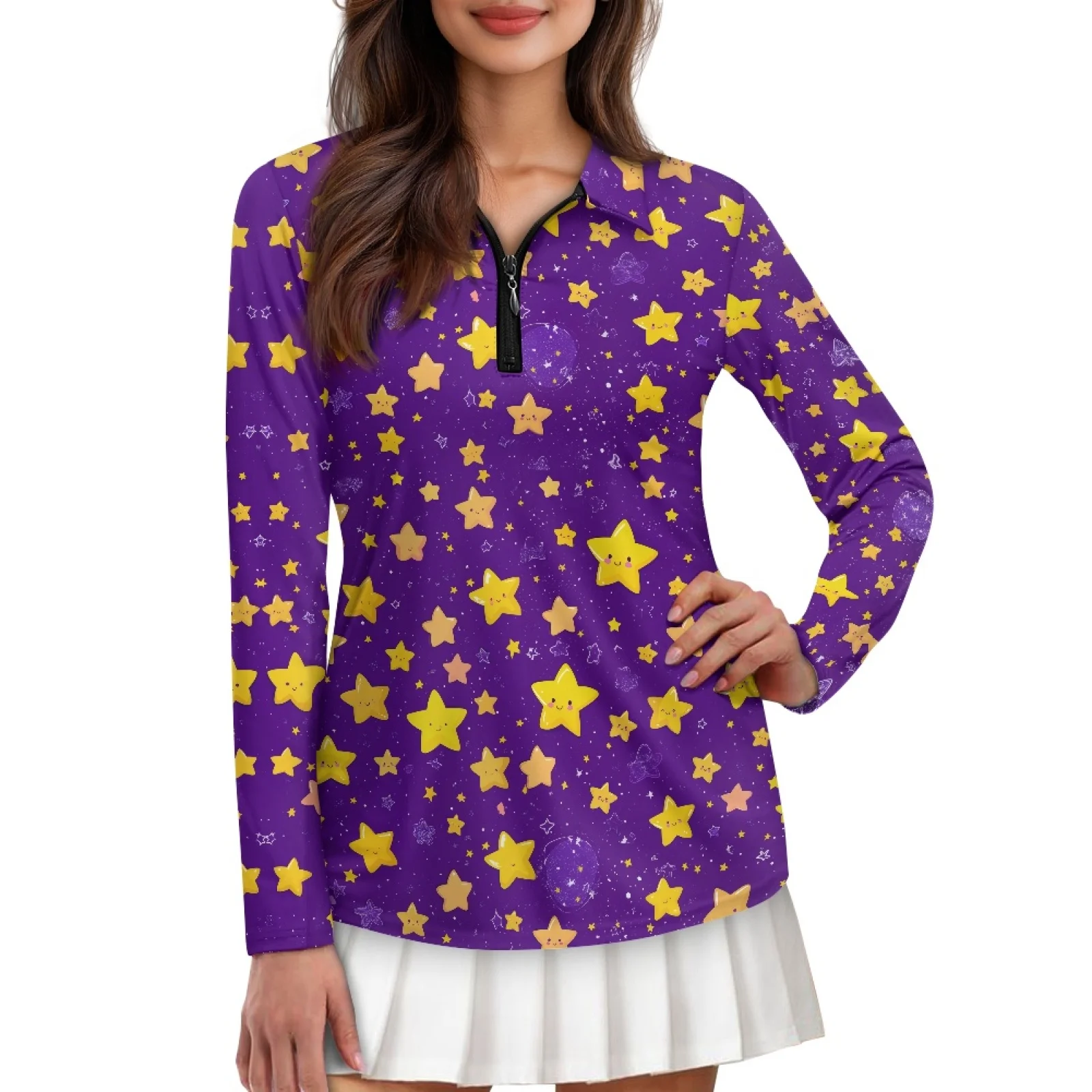 PENSTROLL Cute Yellow Stars Print Womens Machine Washable Athletic Activewear Comfortable Golf Shirts for Tennis Training