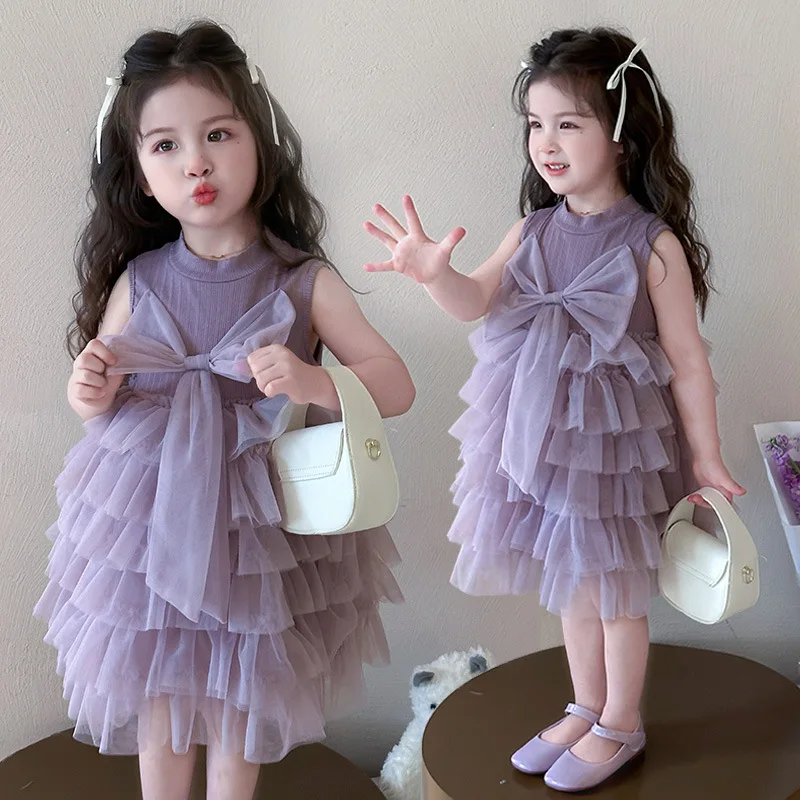 

Girls Purple Bow Mesh Dress Children's Korean Fashion Little Girl Foreign Princess Dress Medium Children's Summer Dress