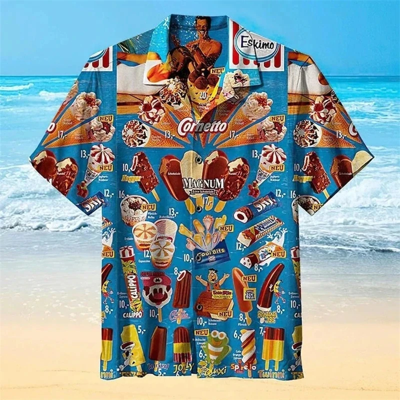 Trendy Cool Fashion Ijs Shirts Strandfeest 3d Print Hawaiiaans Shirt Zomer Unisex Korte Mouw Oversized Blouse Revers Shirt