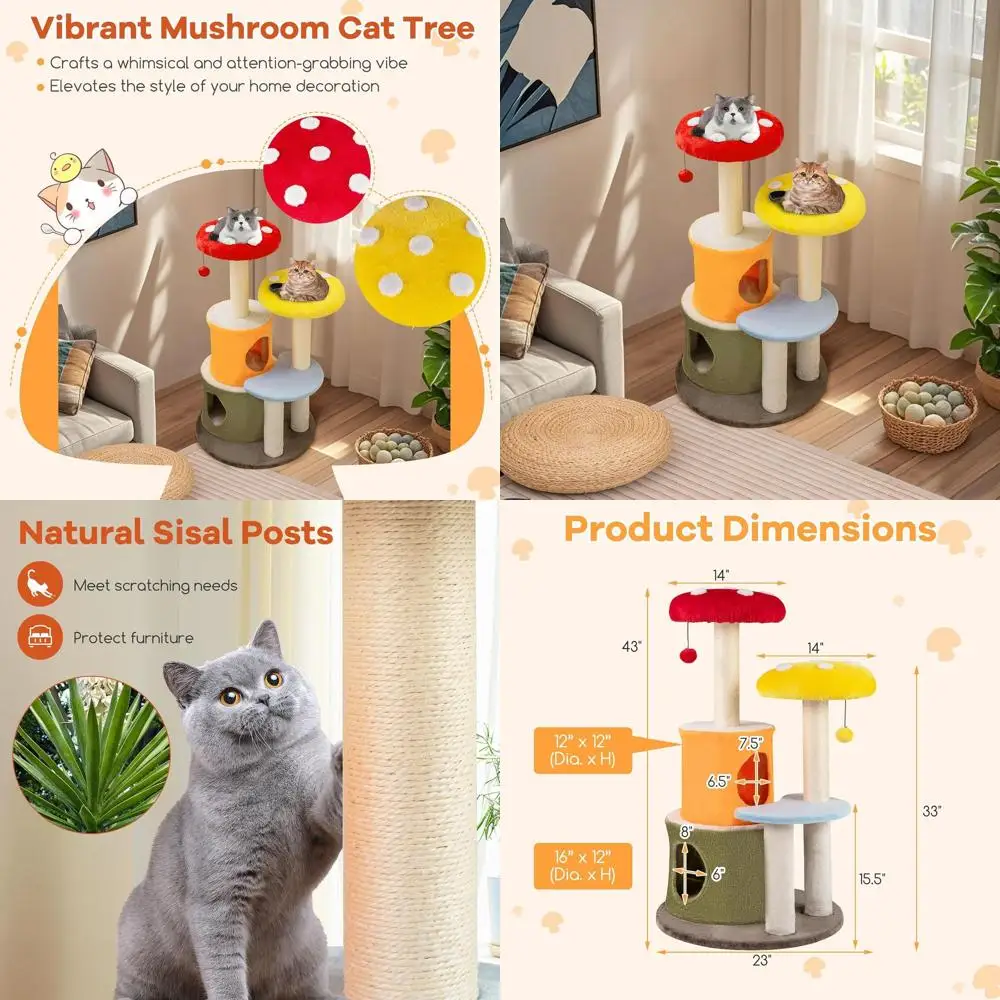 

Современный домашний кошачий дерево-игровой комплекс 43 с сизалевыми стойками, двумя уютными домиками, мягкими платформами и шариками-помпонами