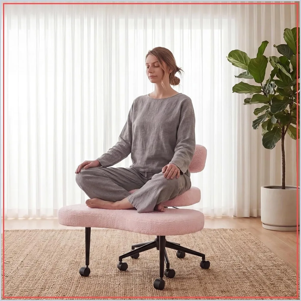 Ergonomic Cross Legged Office Chair with Adjustable Backrest, Height Adjustable Meditation Chair with 360° Swivel Footstool, Teddy Fabric Yoga Stool for Home Office, Pink