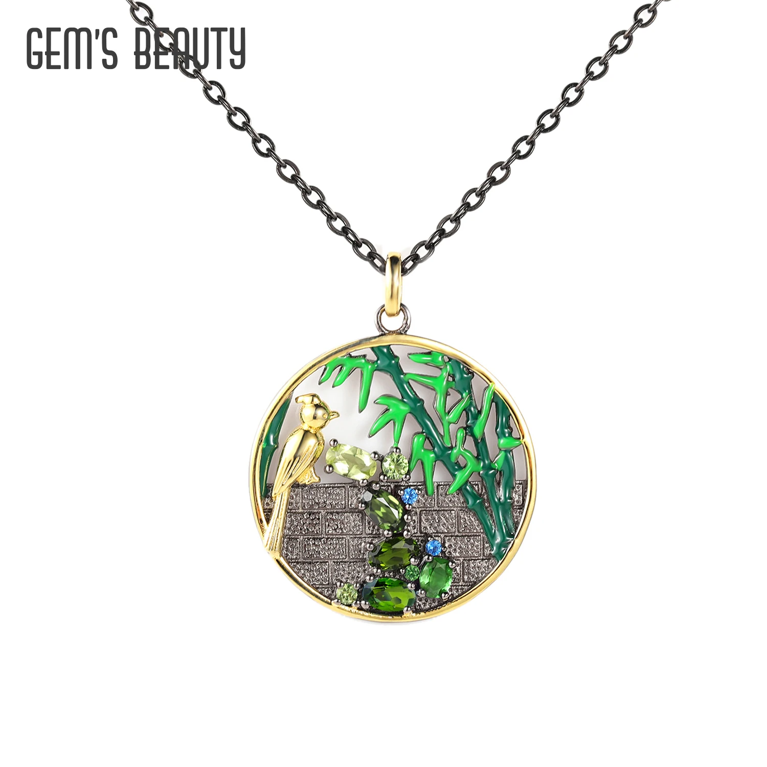 

GEM'S BEAUTY Natural Gemstones Necklace 925 Sterling Silver Bamboo Bird Chinese Traditional Elements Enamel Handmade Necklace