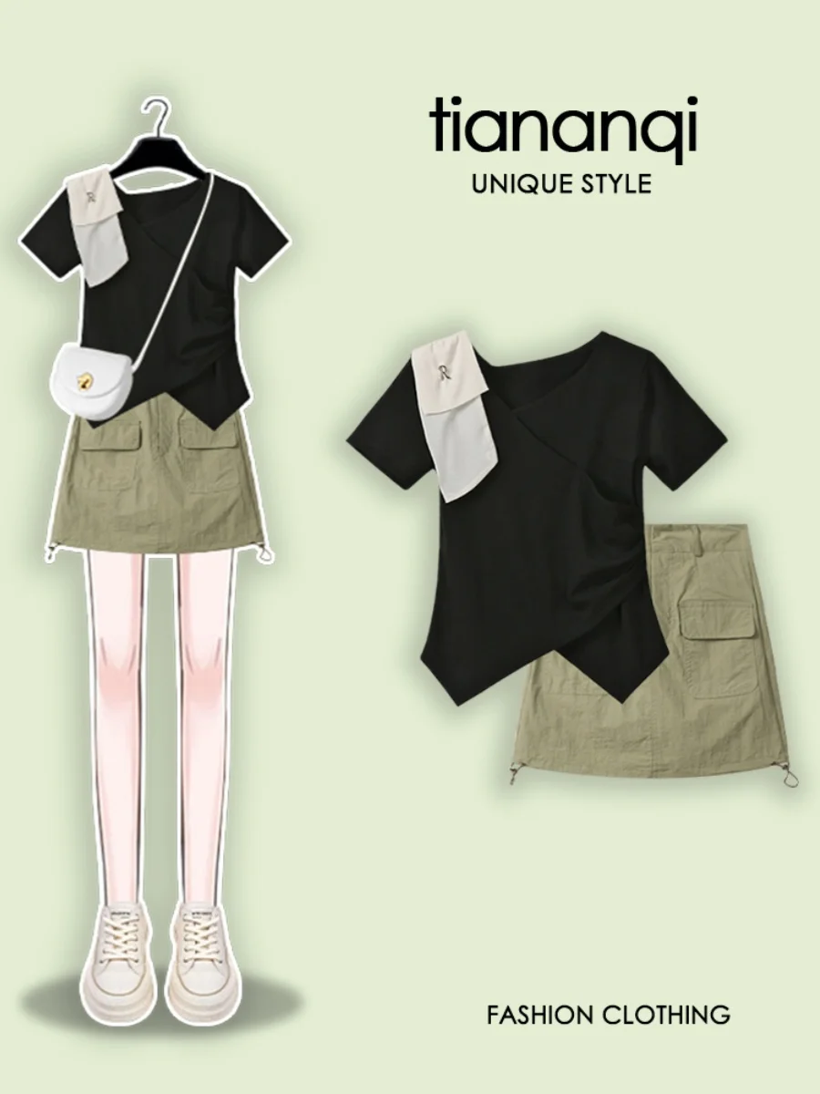 

Новый комплект женской модной летней одежды: укороченная футболка больших размеров с эффектом похудения, джинсовые шорты цвета хаки с асимметричным дизайном