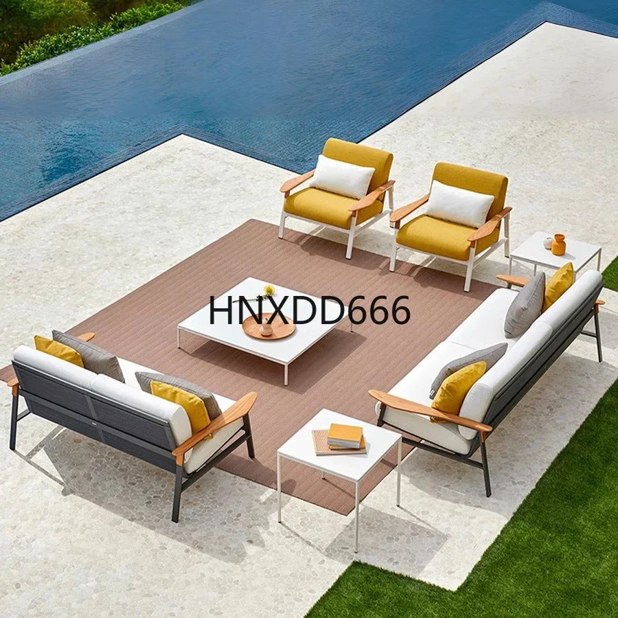 Outdoor Rattan Sofa Set Courtyard Stainless Steel Leisure Teak Rattan Chair Garden Furniture Comfortable Seating Arrangement