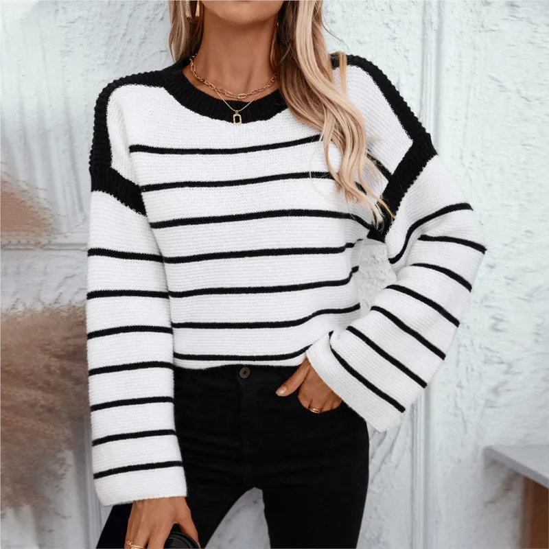 Maglione lavorato a maglia a maniche lunghe a righe bianche nere per l'autunno inverno da donna nuovo maglione pullover allentato girocollo Ropa Mujer