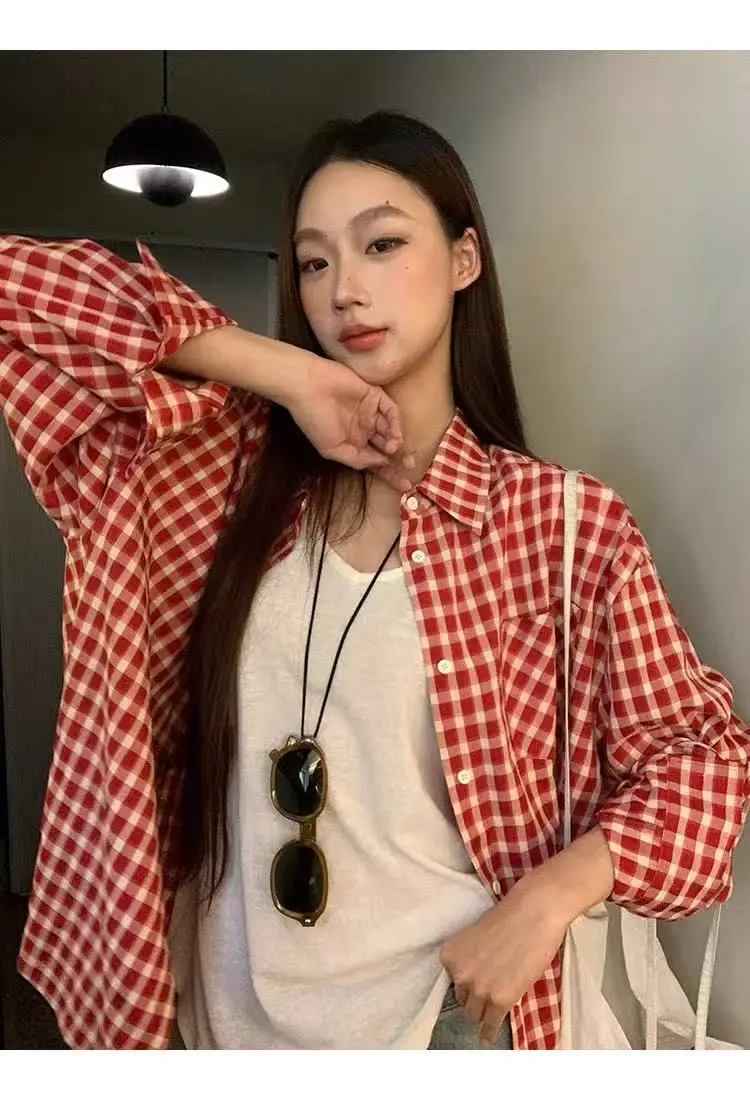 Harajuku Damen Rote Karierte Hemden Frühling Sommer Streetwear Hemden Langarm Kragen Knopfverschluss Retro Sonnenschutzkleidung – Detail 11