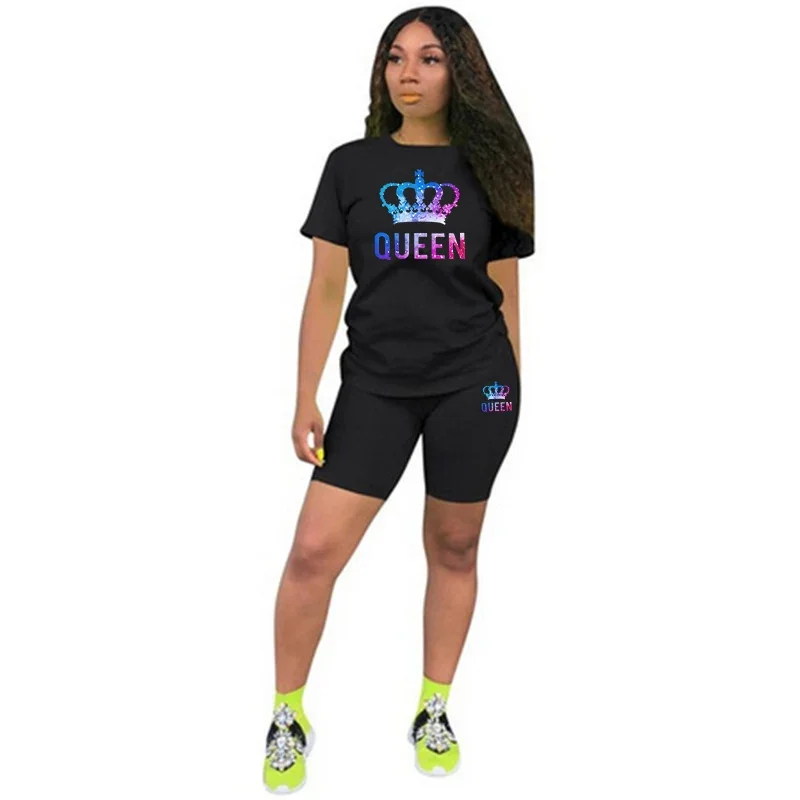 Womens Colored Queen Printing Tracksuit Fashion Casual T-Shirt +Shorts 2 Piece Set Luxury Jogging Outfit Summer Travel ShortSuit