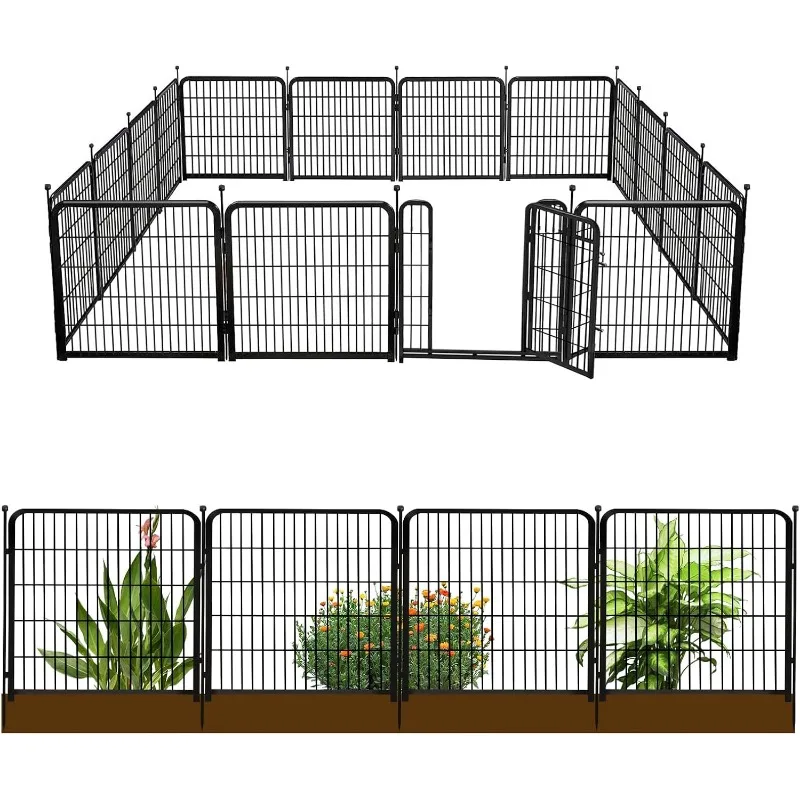 Tall Garden Fence with Gate 48 in(H)×27 in(L) 12 Panels Total 26.6 Ft(L), Garden Fencing to Keep Dogs Out, Heavy Duty Iron Metal