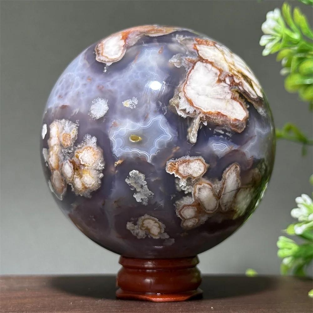 Natural Cherry Agate Ball Mineral Specimen Meditation Treatment Witchcraft Sacrifice Energy Massage Home Decoration Gift+Base