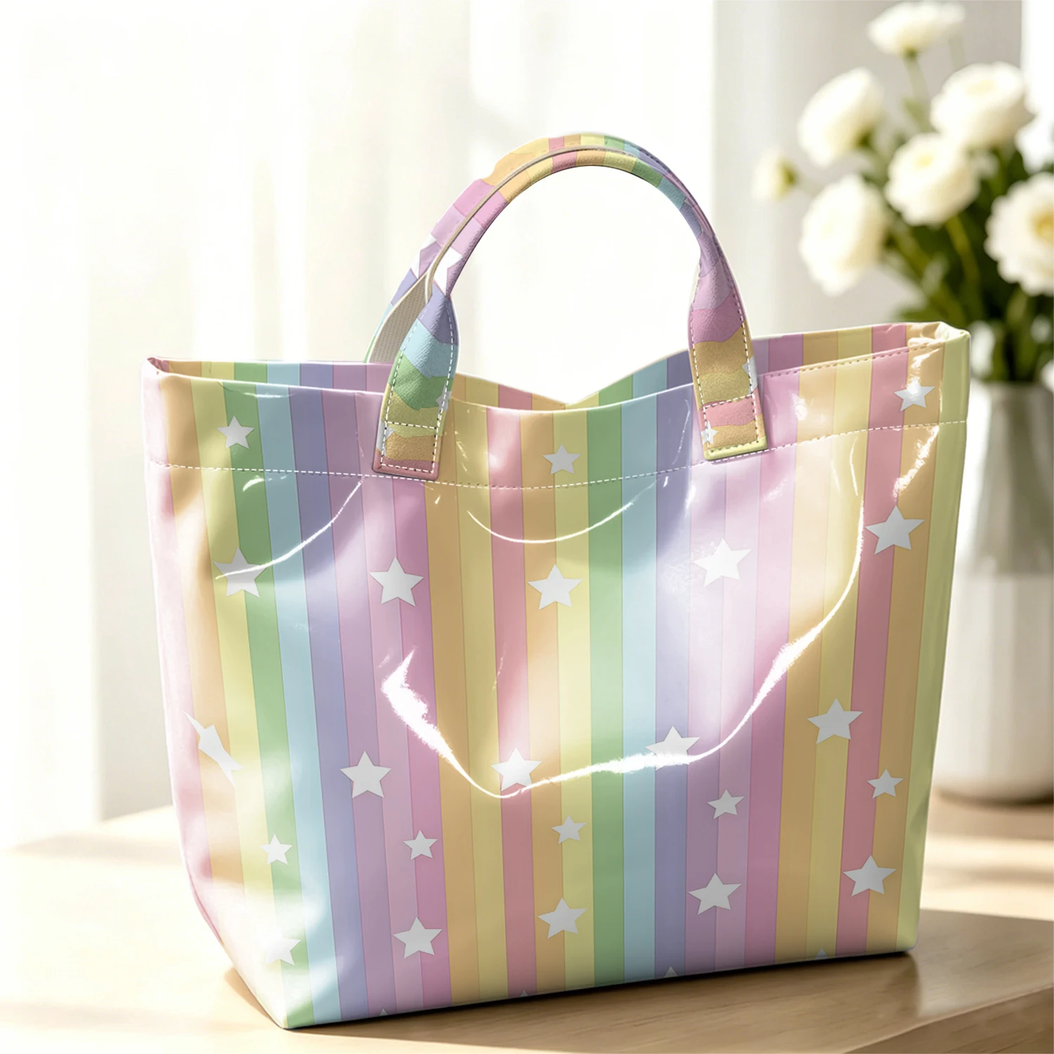 Pastel Rainbow Star Stripe Stylish Large Glossy PVC Tote Bag Washable Waterproof Durable Ideal for Commute Cosmetics Handbags