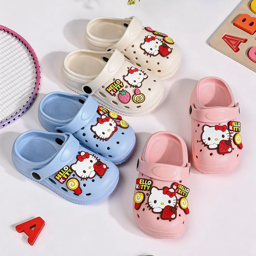 New Kids' Slippers House Shoes Cartoon Sanrio Hello Kitty Summer Beech Shoes For Children Bottom Anti-slip Pink Blue Shoes