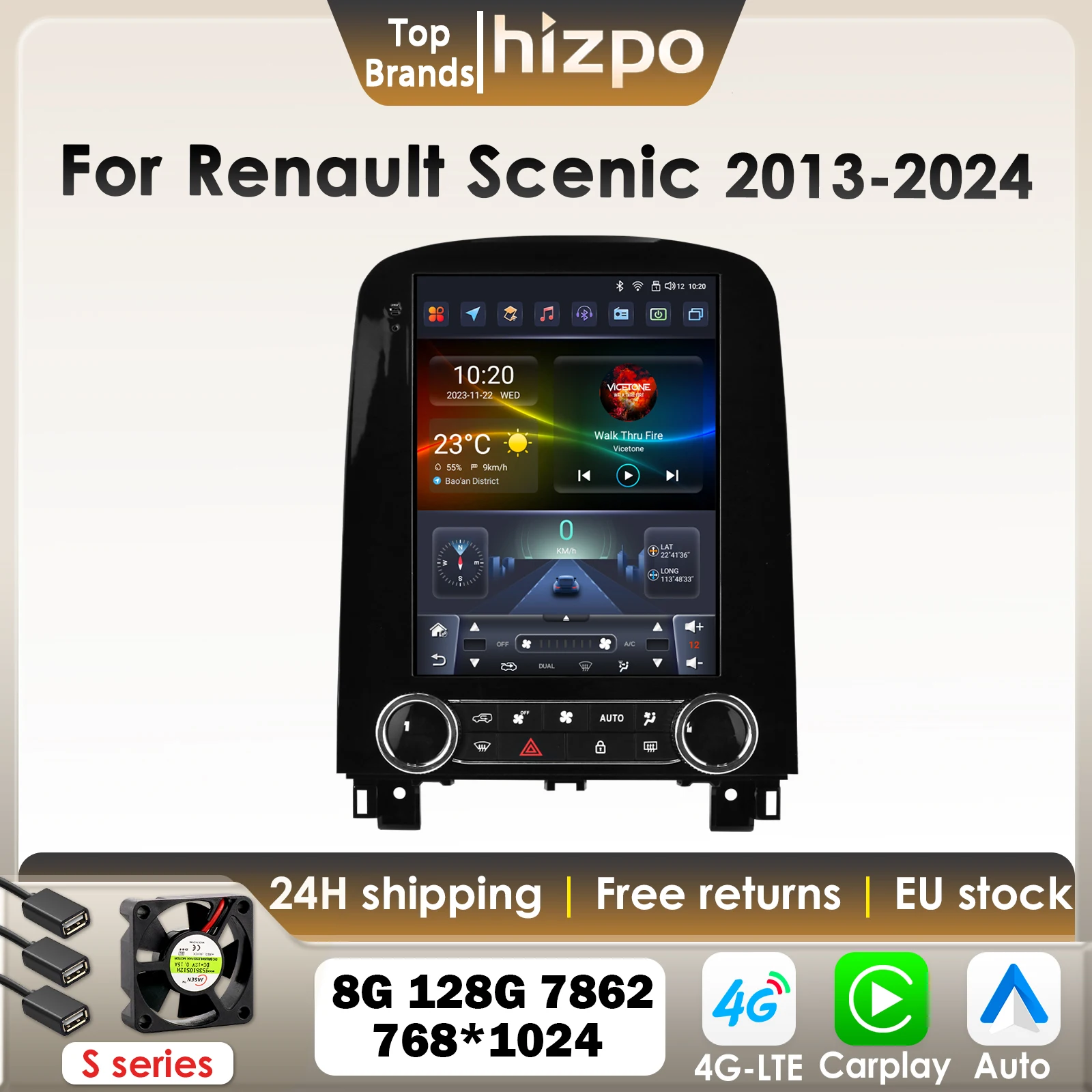 Hizpo 9.7 ''Android 13 Lettore GPS multimediale per auto per Renault Scenic 2013 - 2024 Carplay 4G-LET per Tesla Style 360Camera BT 7862