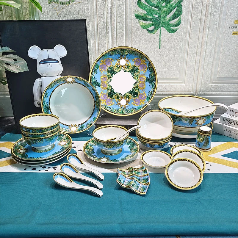 

Household Dish Set Bone China Retro Chopsticks Plate Noodles Bowl Tableware Bowl Fashion 32 Sets Of Gifts Banana Leaf Style