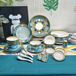 Household Dish Set Bone China Retro Chopsticks Plate Noodles Bowl Tableware Bowl Fashion 32 Sets Of Gifts Banana Leaf Style