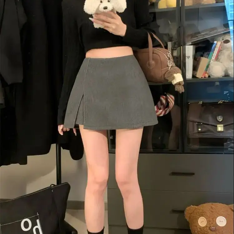 Designed Double-Layer Slit Thickened Hip-Covering Skirt Women Autumn Winter Simple Temperament A-Line Slimming Short Skirt