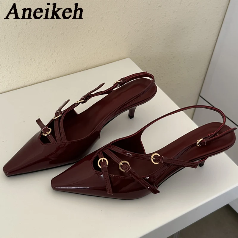 Aneikeh 2024 Designer Buckle Strap Narrow Band Pumps Women Sexy Pointed Toe Thin Heels Wedding Banquet Dress Mule Ladies Shoes