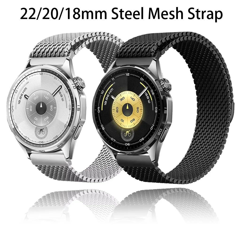 22/20/18mm Steel Mesh Strap for Huawei Watch 5-4/GT6-5-4 Pro 46mm Milanese Magnetic for Amazfit Active 2-Max/Bip 6 5/Balance 2-1