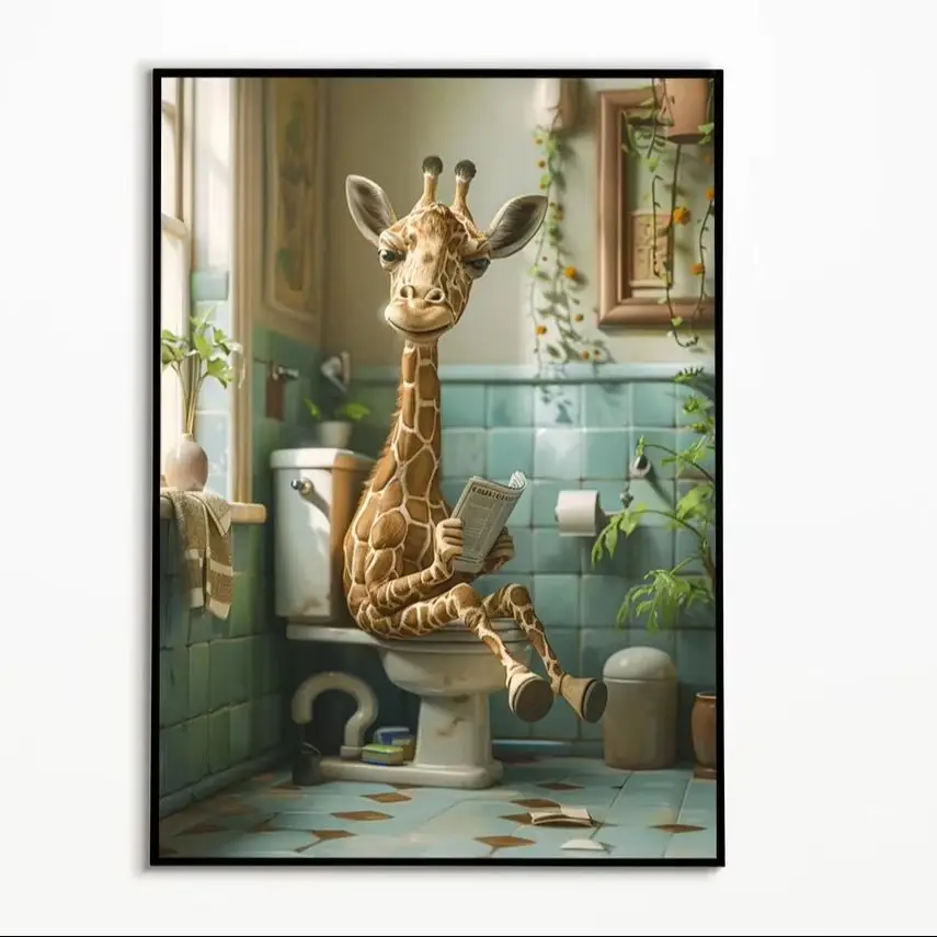 Giraffe sitzt auf der Toilette, Badezimmerbilder Digital Download Badezimmerdekoration Giraffen-Geschenk Lustiges schlechtes Bild Wandkunst