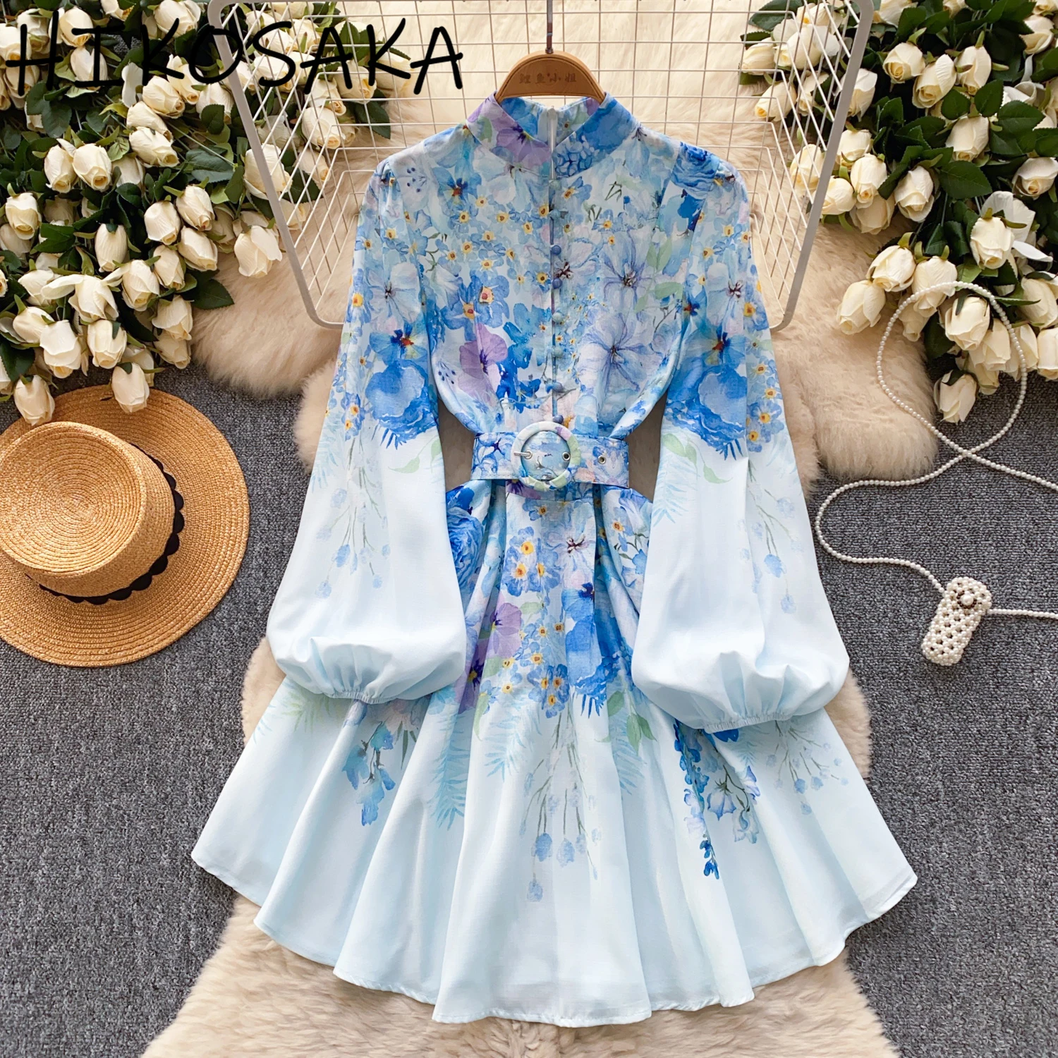 

2025 New Fresh Floral Print Casual Robe Stand Collar Single Breasted Slim Waist Lantern Sleeve A-line Dress Elegant Belt Vestido