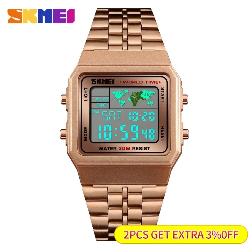 SKMEI Top Luxury Fashion Sport Watch Men Alarm Clock 3Bar Waterproof Stainless Steel Strap Digital Watches reloj hombre 1338