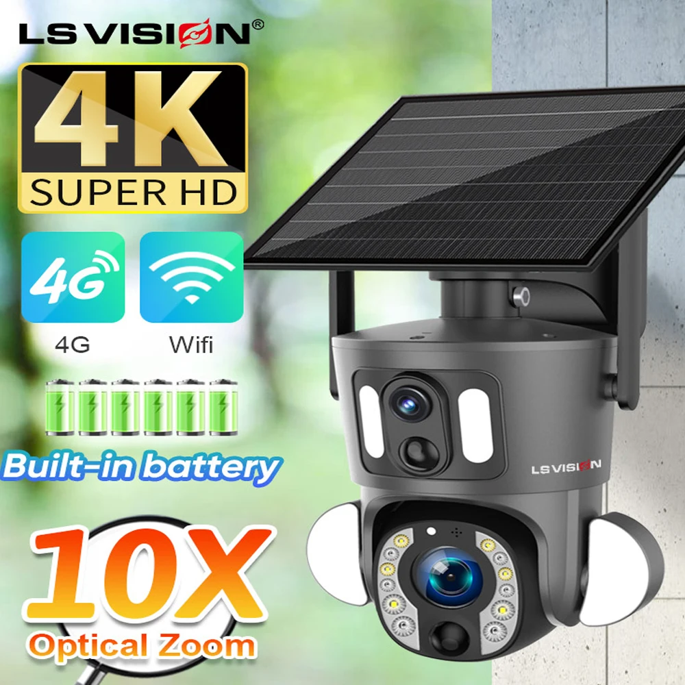 LS VISION 4G Surveillance Camera 4K 8MP Dual Screen Wifi Outdoor Solar Cam 9W Panel Powered Battery Dual-video Pir Linkage Cctv