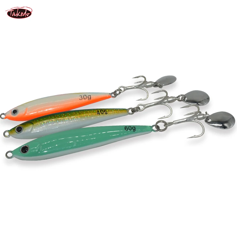 TAKEDO 30g 40g 60g Saltwater Sinnking Pencil Bait Lead Jigging Lure Metal Jig Lure For Tuna Bass With Treble Hook Spinner Spoon