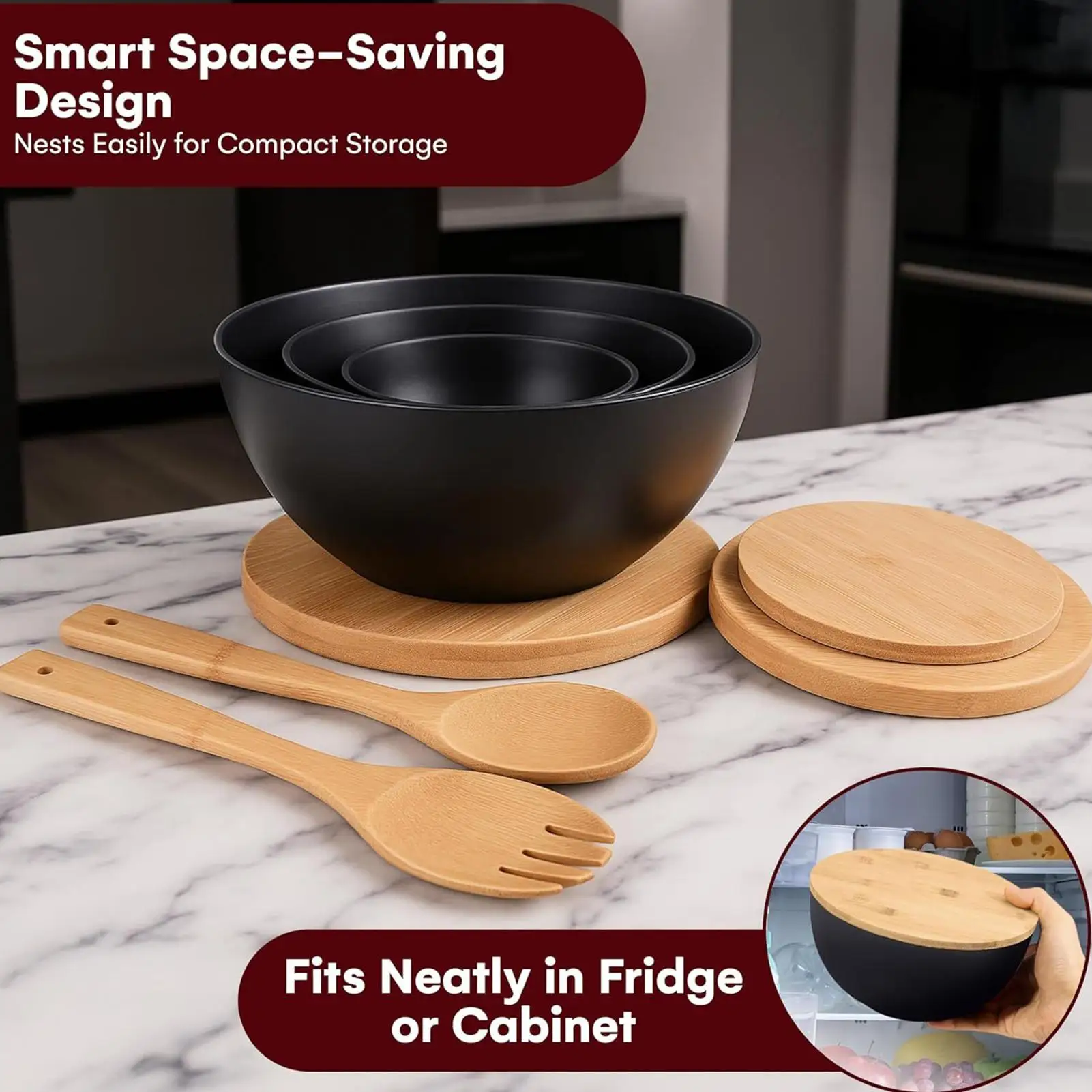 

Bowls With Lids 3 Pieces Salad Containers Nesting Serving Containers With Wooden Lids For Preparing Storing Chips Food Soup