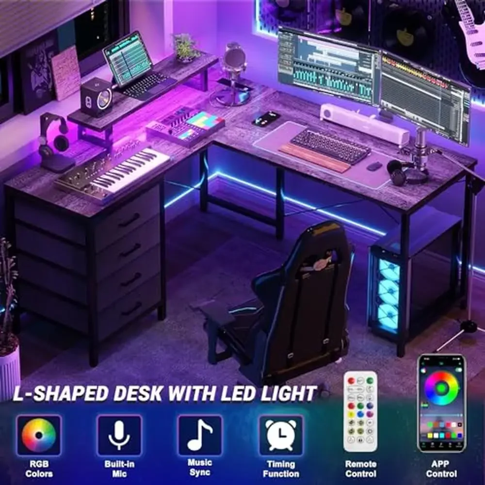 L Desk with Drawers & Power Outlets LED Light Monitor Stand 50" Home Office Gaming Storage Shelf Reversible Easy Install Black