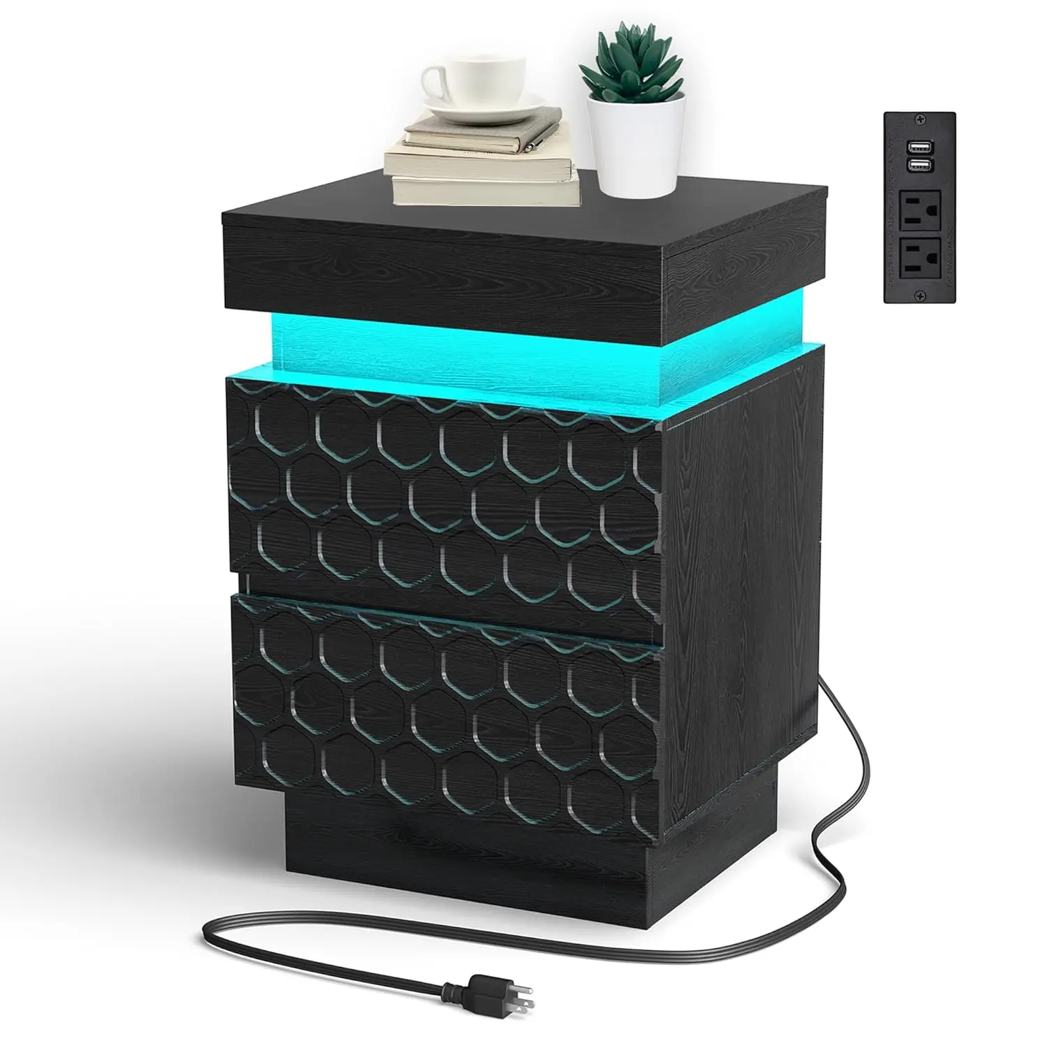 

Led Nightstand With Charging Station, Hexagonal Fluted Night Stand With Sliding Top, Wooden Bedside Table With 3, Customized