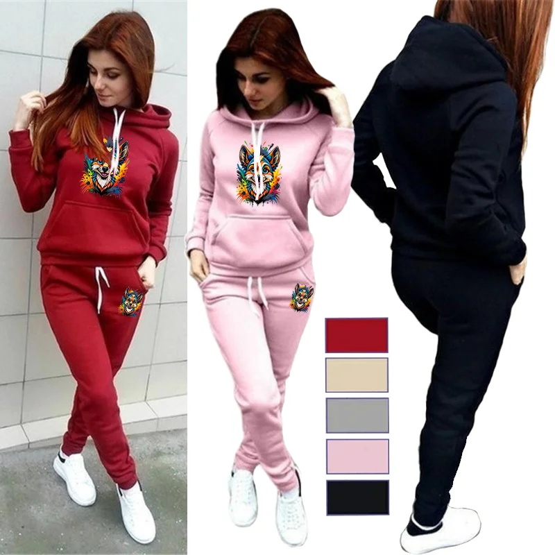 

Женская осенне-зимняя толстовка на бедрах с мультяшным принтом лисы + комплект спортивных штанов, теплый комплект из двух предметов для бега на открытом воздухе