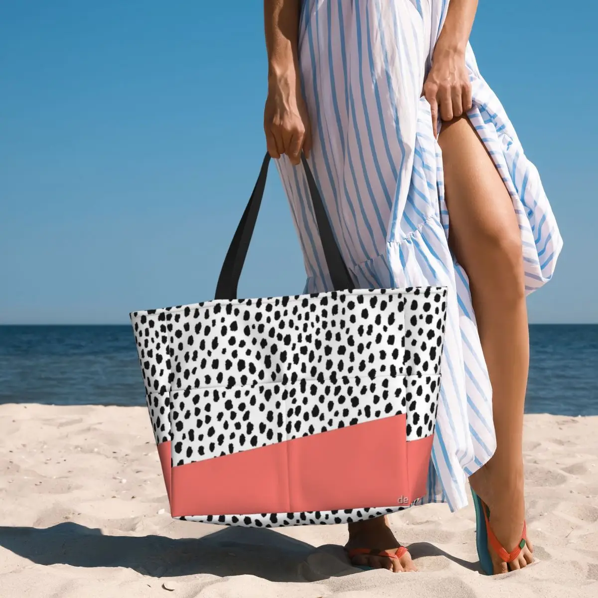 Dalmatian Spots With Coral Stripe Beach Travel Bag, Tote Bag Trendy Large Capacity Out Shoulder Bag Multi-Style Pattern