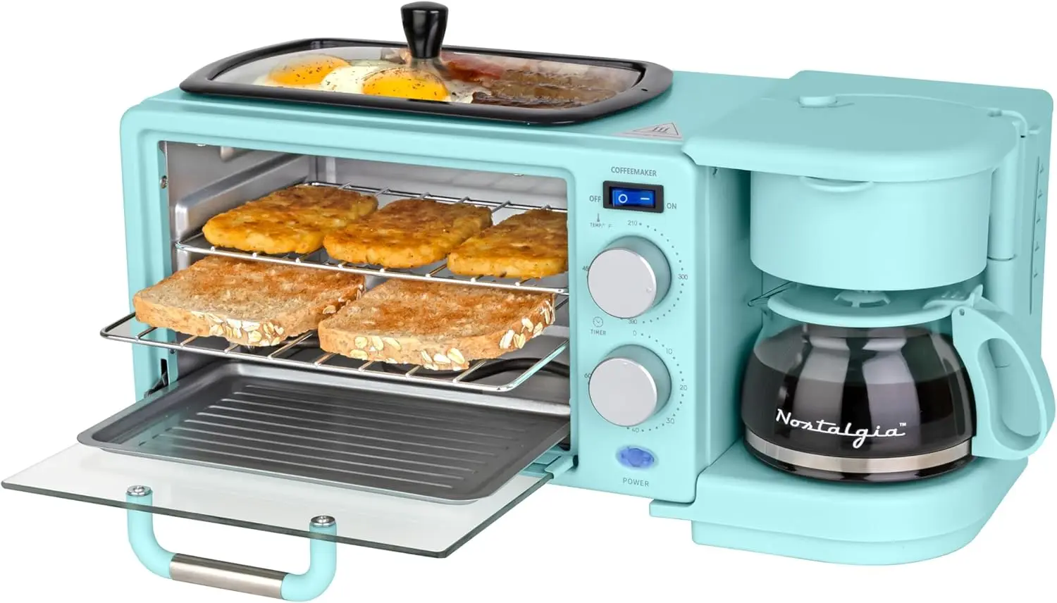 

Многофункциональная ретро-станция для завтрака 3-в-1 с кофеваркой, грилем и тостером-печью — компактный дизайн, цвет аква