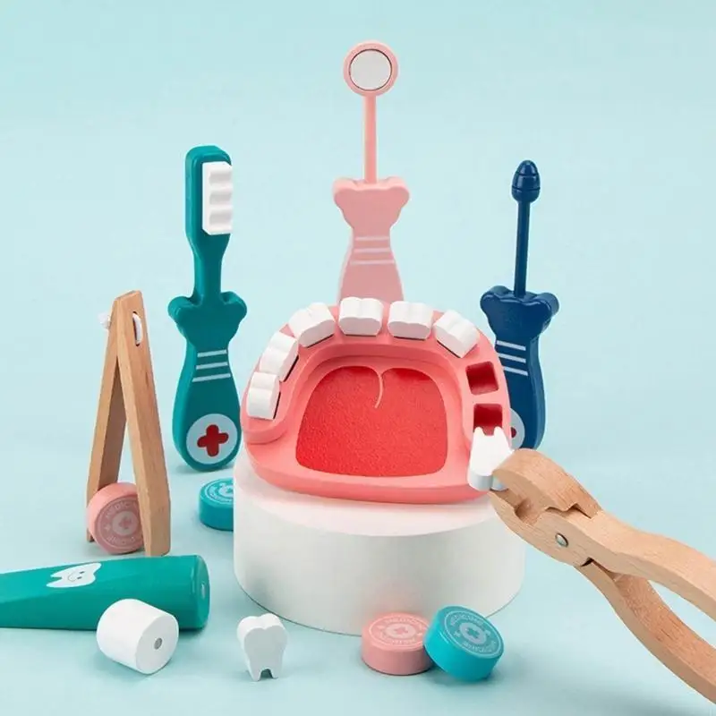 F62D Early Education Tandarts Tools Wooden Tandarts speelgoed Doctor Gadgets Doctor Tandarts Girl Real Stethoscoop Set