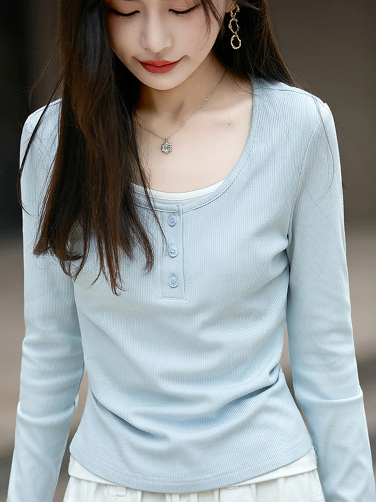 Dopasowana koszulka z długim rękawem, okrągły dekolt, codzienna, elegancka damska bluzka, modna bielizna, bazowa koszulka, modelująca talię.