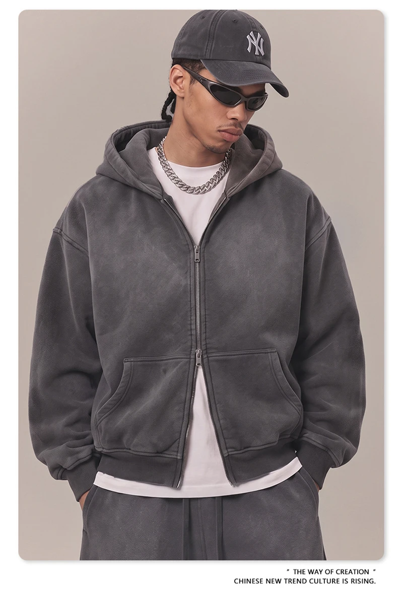 ZODF Retro Winter 400gsm Monkey Washed Fleece Zipper Hoodie Unisex Boxyfit Distressed High Street Hooded Jackets Outwears HY1330