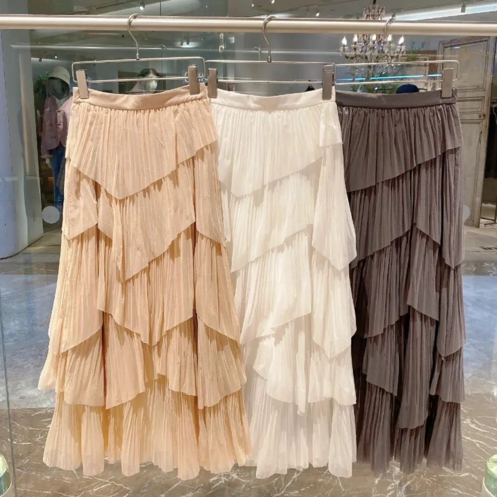 Kuzuwata 2025 Early Spring New Elegant Ruched Skirt High Waist Ruffles Slim Irregular Mujer Faldas Japan Moda Pleated Mesh Falda