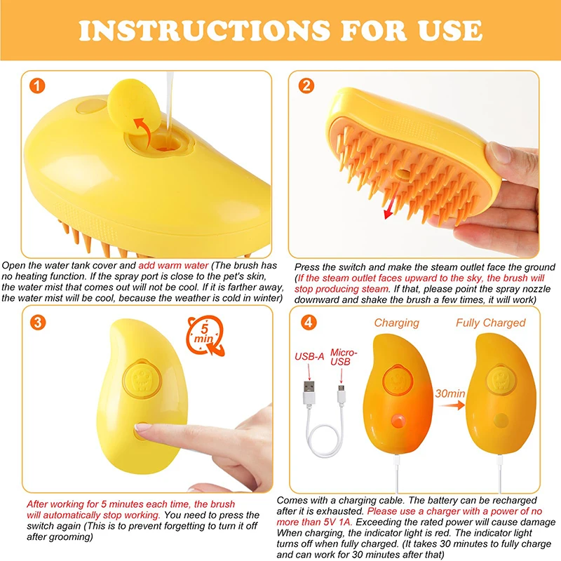 Cat Steam Brush, 3-In-1 Cat Steam Brush, Silicone Massage Beauty Brush, Cat And Dog Pet Hair Cleaning Brush Comb,Mango Shape