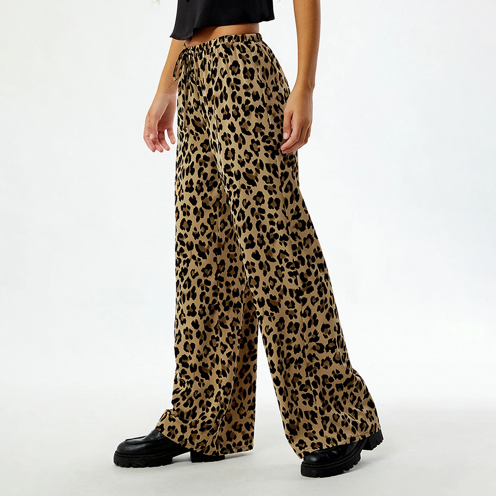 hirigin Women Retro y2k Cargo Pants Leopard Print Drawstring Elastic Waist Loose Casual Wide Leg Pants Baggy Trousers Sweatpants