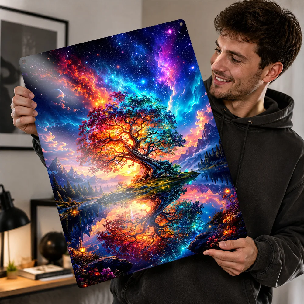 Bioluminescent Cosmic Tree Landscape Aluminum Poster Personalized Metal Sign Celestial Glow Style Wall Art Appeals To Dreamers