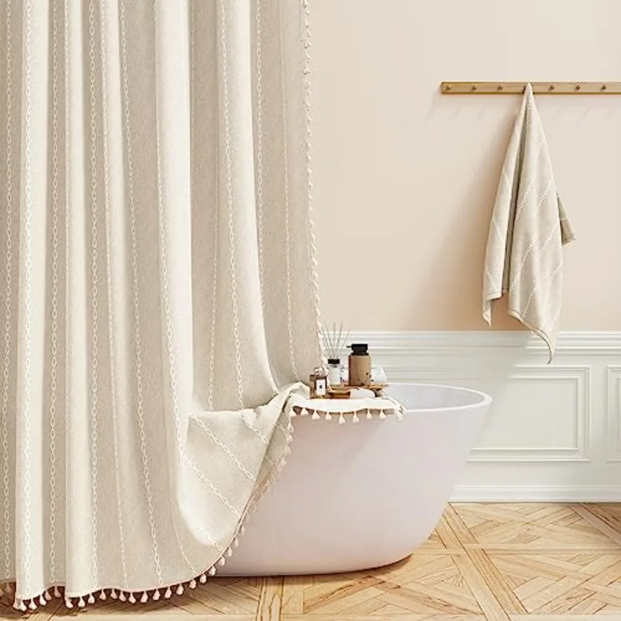 

Extra Long Shower Curtain - 72x84 Long Boho Chic Striped Tassel Linen Fabric Shower Curtain Set with Hooks, Tall Modern Farmhou