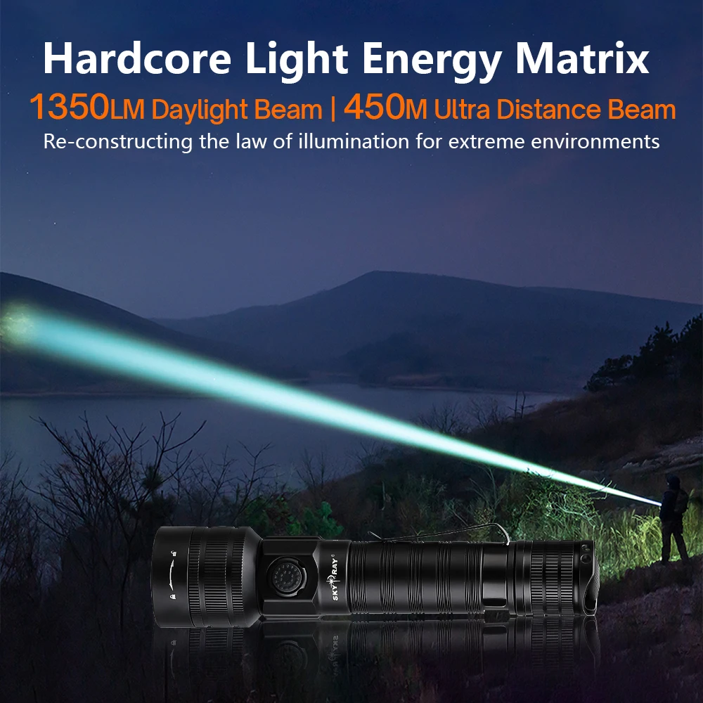 SKYRAY SK35 Rechargeable Flashlight LED 1500lm Powerful Tactical Torch 500M Long-Range With Spotlight for Camping Searching