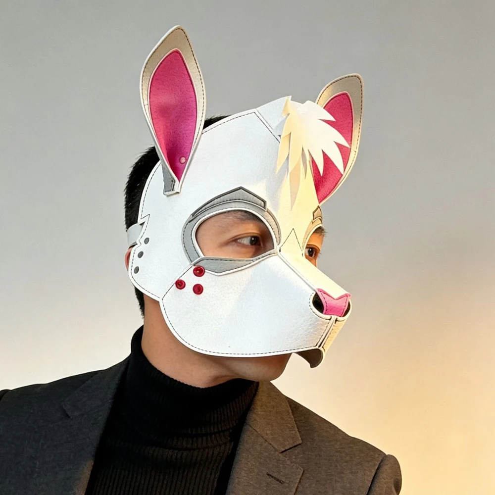 Punk Rabbit Mask White Bunny Pattern PU Leather Adult Animal Face Mask Fursuit Halloween Masquerade Cosplay Party Costume Prop view 6