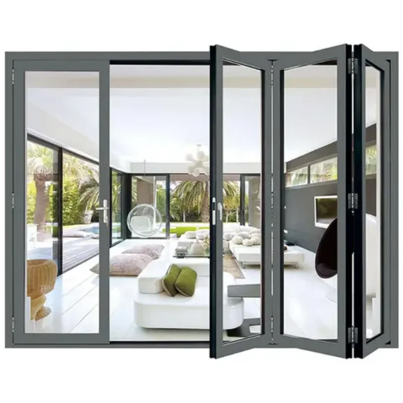 Porte coulissante pliante en verre Double, portes d'entrée extérieures, profil en alliage d'aluminium, porte d'entrée en métal pour la maison personnalisée