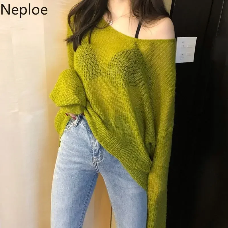 Neploe Woman Sweaters Sexy V-neck Knit Oversized Top Fashion Y2K Sweater See Through Thin Jumper Korean Elegant Women's Clothing