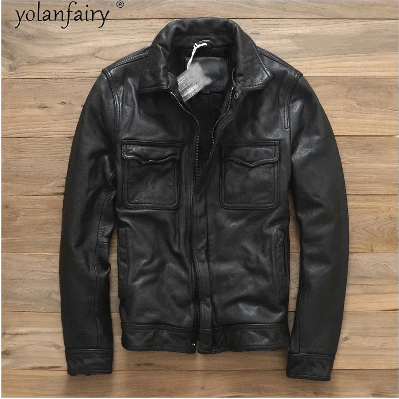 

100% Genuine Cow Leather Jacket Men Clothing 2021 High Quality Cowhide Coats Slim Fit Vintage Motorcycle Jacket Man KJ6729