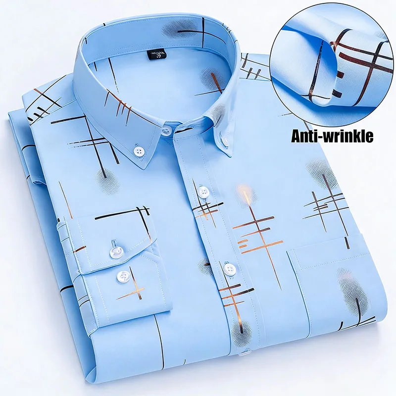 Men's Long Sleeved Shirts Spring Autumn Latest Hot Sale Non-iron Anti-wrinkle Business Casual Print Thin Plaid Slim Fit Blouses