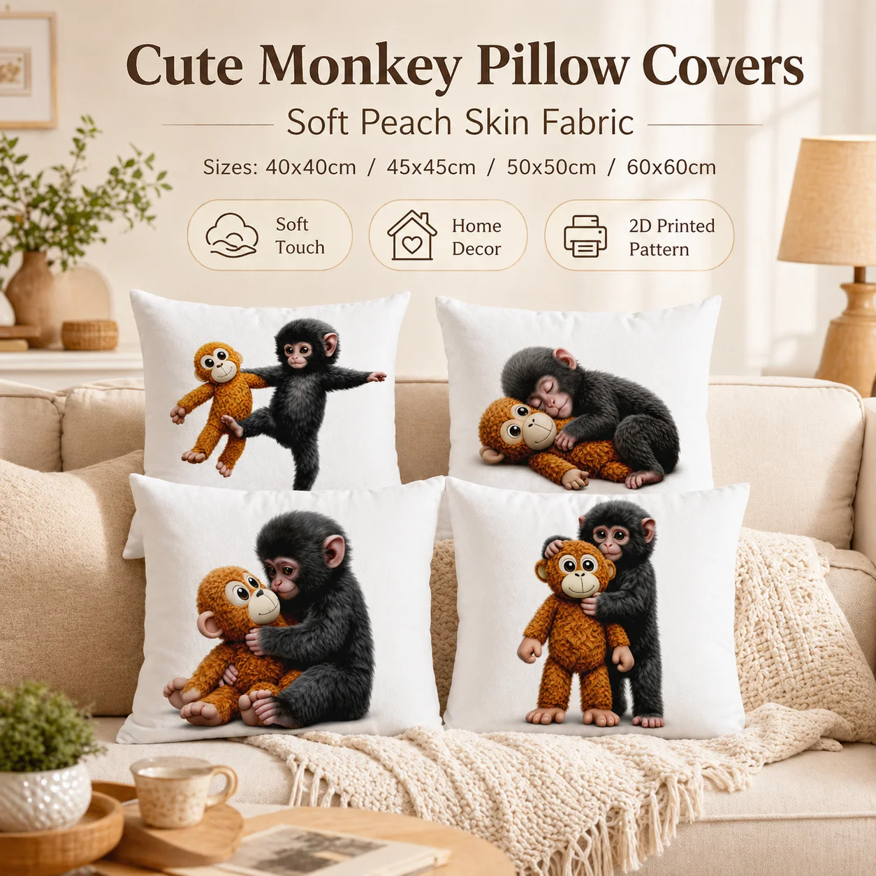 

Cute Baby Monkey 2D Flat Print Peach Skin Cushion Cover Cartoon Chimp Throw Pillowcase For Kids Room Sofa Home Decor 45x45 50x50